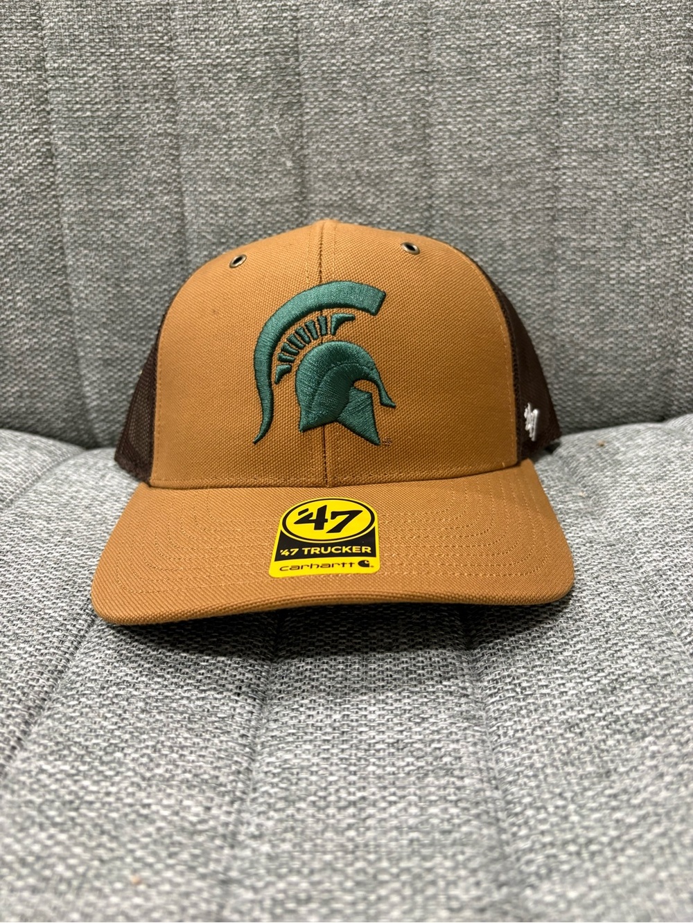Carhartt Brown and Green Trucker Hat with Spartan Logo